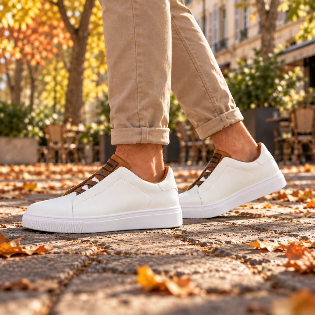 Sneakers uomo bianche di profilo con suola bianca e inserto a contrasto sul tallone
