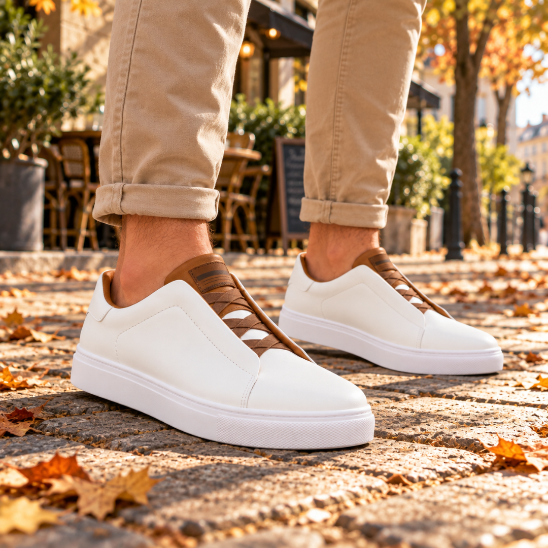 Sneakers uomo bianche indossate con chino beige arrotolati, lacci elastici ben visibili