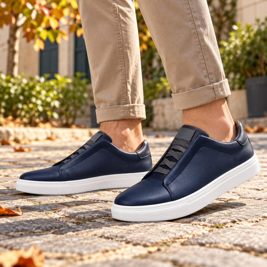 Sneakers uomo blu dal profilo basso con lacci elastici scuri e suola bianca