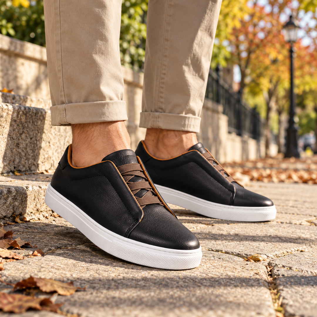 Sneakers uomo nere con lacci elastici marroni, profilo a contrasto e suola bianca
