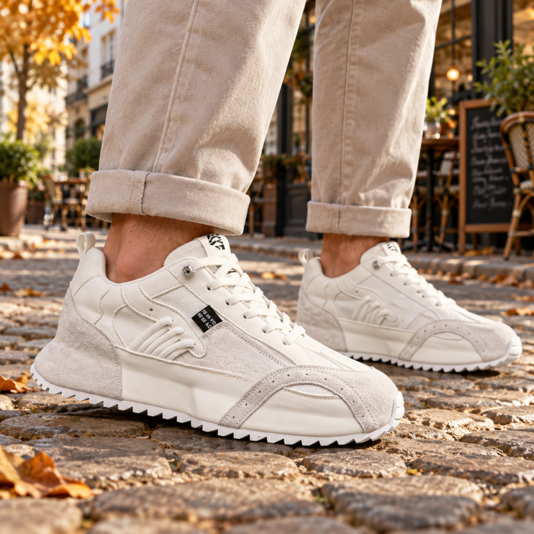 Sneakers uomo bianche con pannelli tono su tono, lacci chiari e suola dentellata