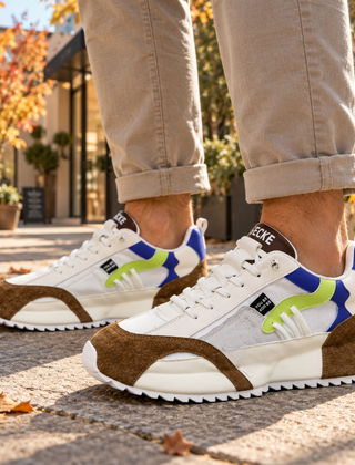Sneakers uomo marroni e bianche con dettagli blu e verde lime sul lato