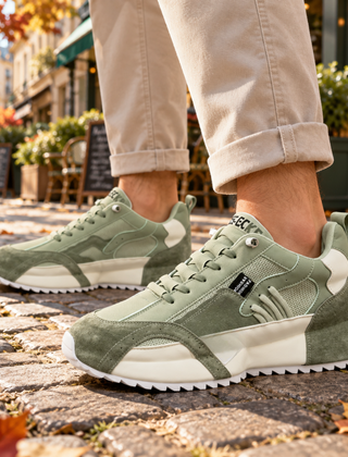Sneakers uomo verdi con inserti a contrasto e suola dentellata bianca indossate in strada