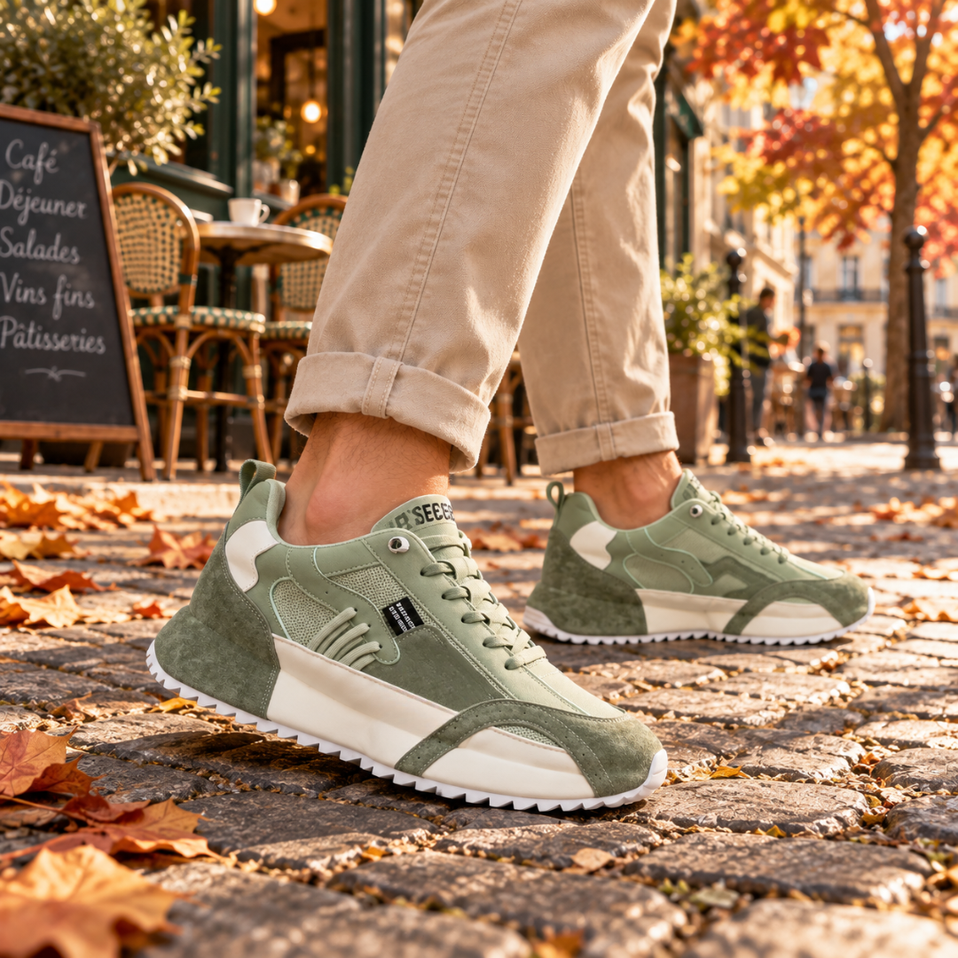 Sneakers uomo verdi con punta a contrasto e suola bianca dentellata su pavé