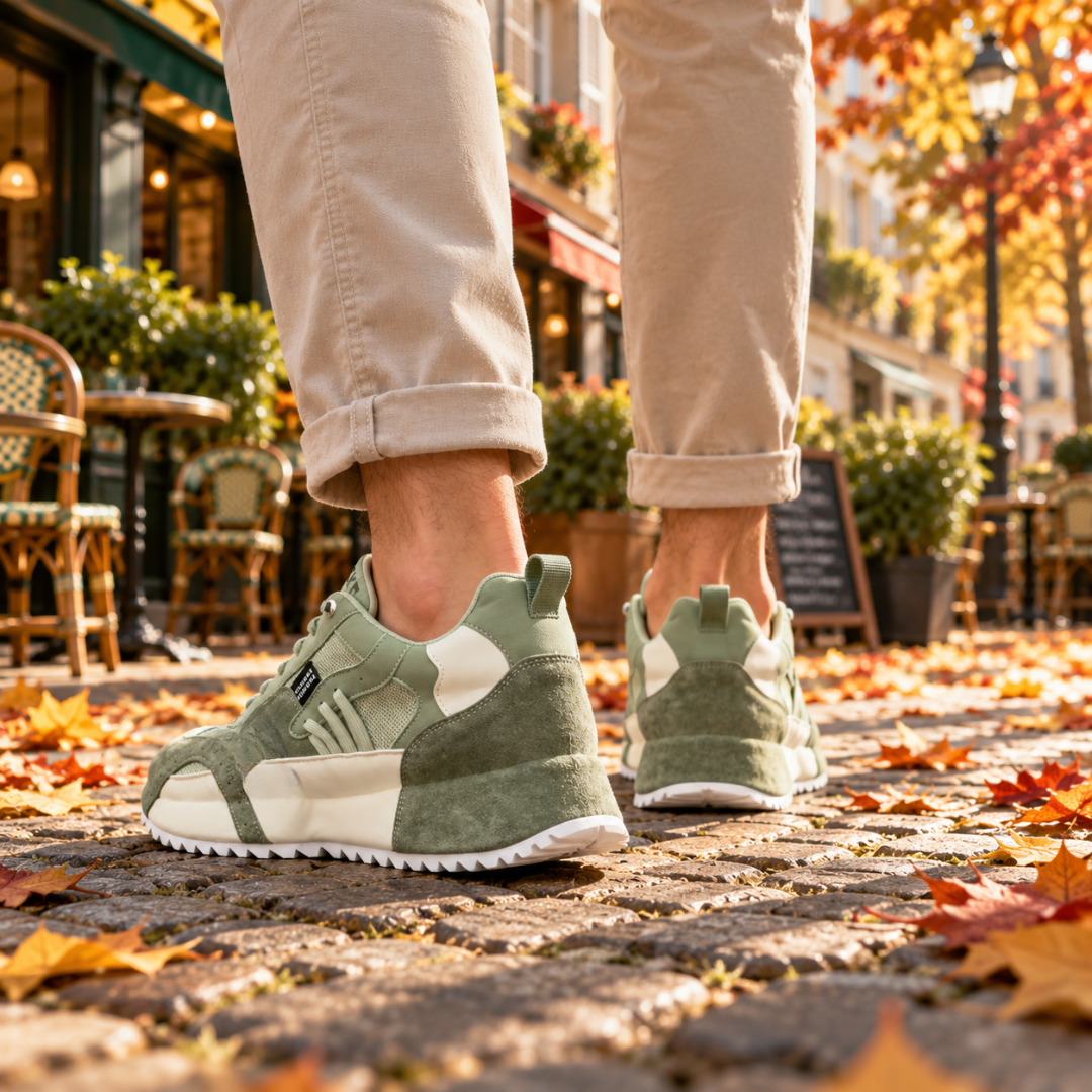 Sneakers uomo verdi viste da dietro con tirante sul tallone e suola bianca