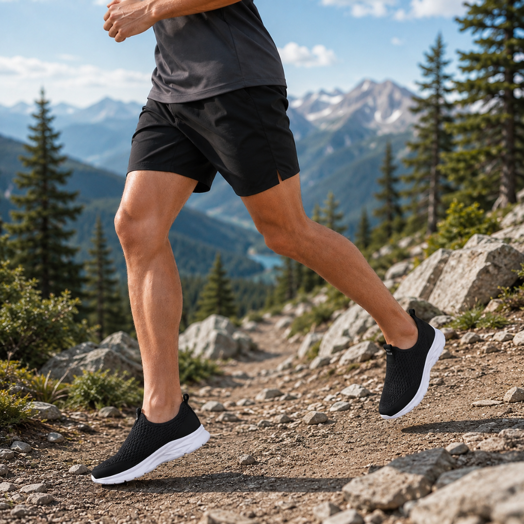 Uomo corre su sentiero indossando sneakers slip-on nere con suola bianca