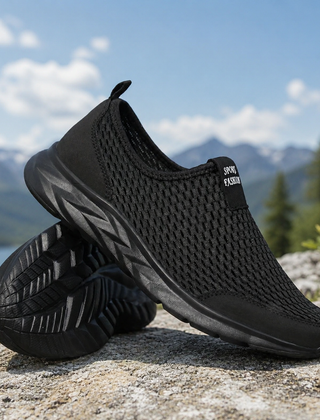 Sneakers uomo slip-on nere traforate con suola nera in montagna