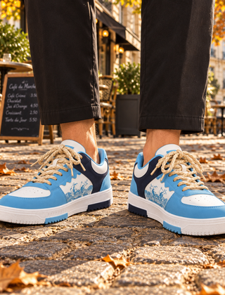 Sneakers uomo azzurre con stampa a onde e lacci spessi intrecciati