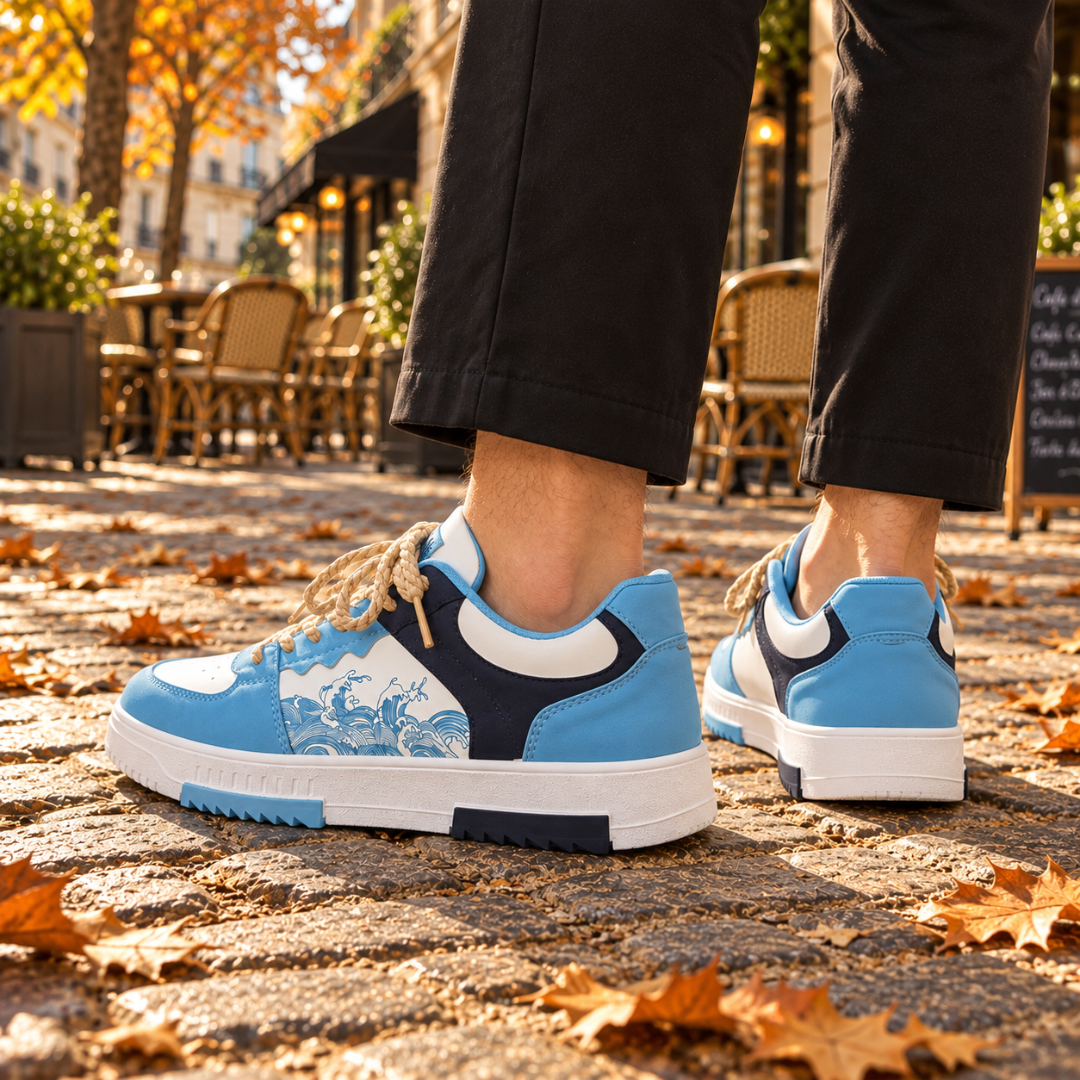 Sneakers azzurre viste di lato con suola bianca e tassello blu