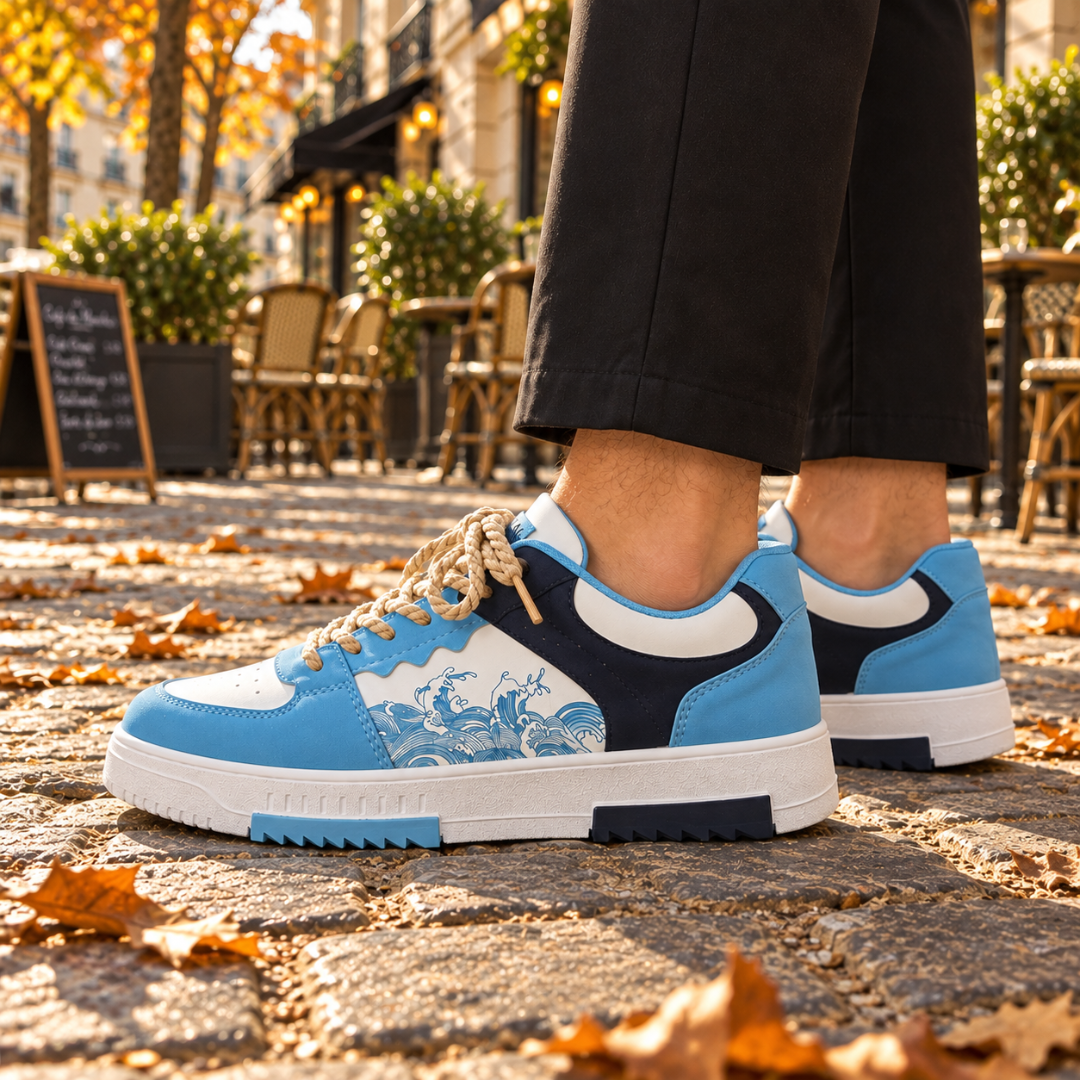 Sneakers basse azzurre con inserti blu scuro e stampa a onde