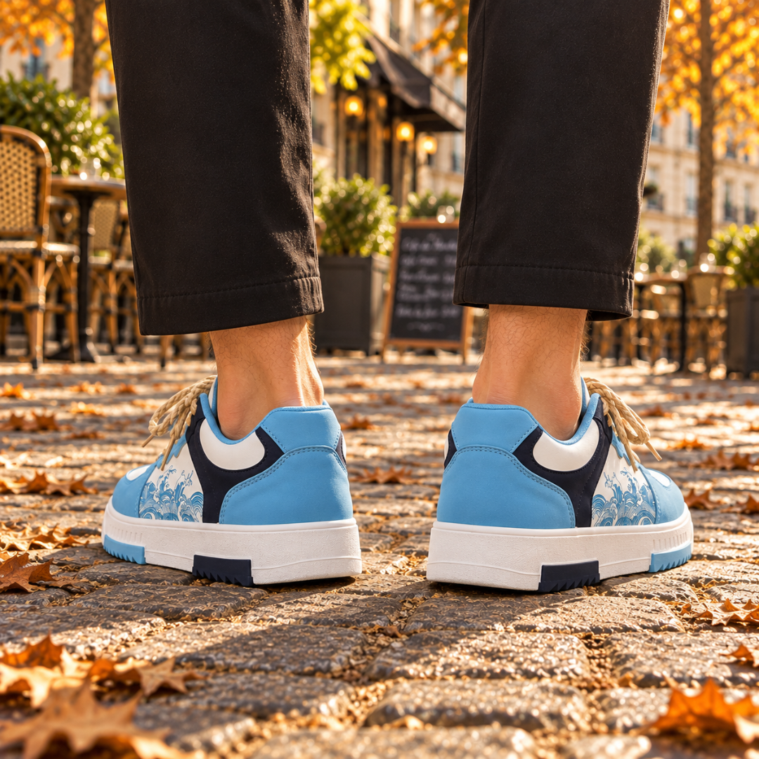 Dettaglio posteriore delle sneakers azzurre con tallone bianco e blu