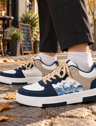 Sneakers uomo blu scuro con inserti beige e stampa a onde laterale
