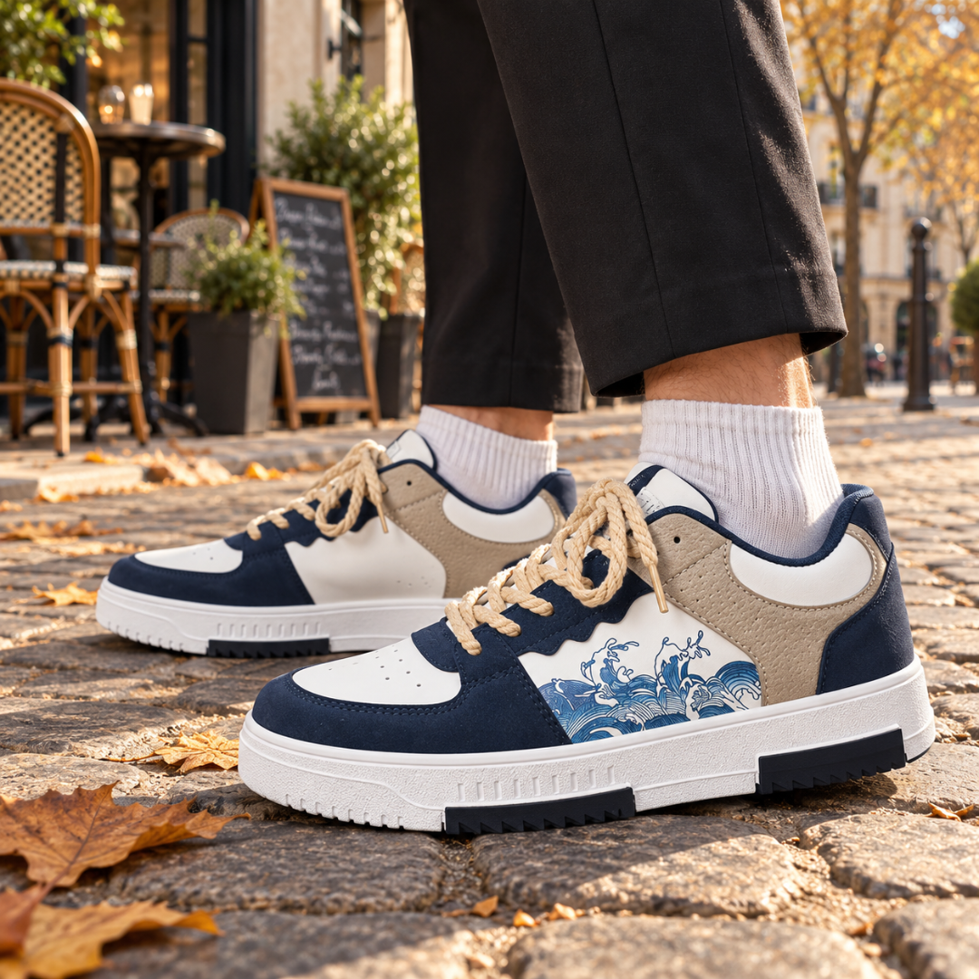 Sneakers uomo blu scuro con inserti beige e stampa a onde laterale