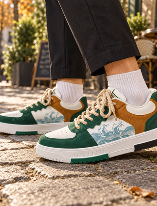 Sneakers uomo verdi con inserti cammello, stampa a onde e lacci intrecciati