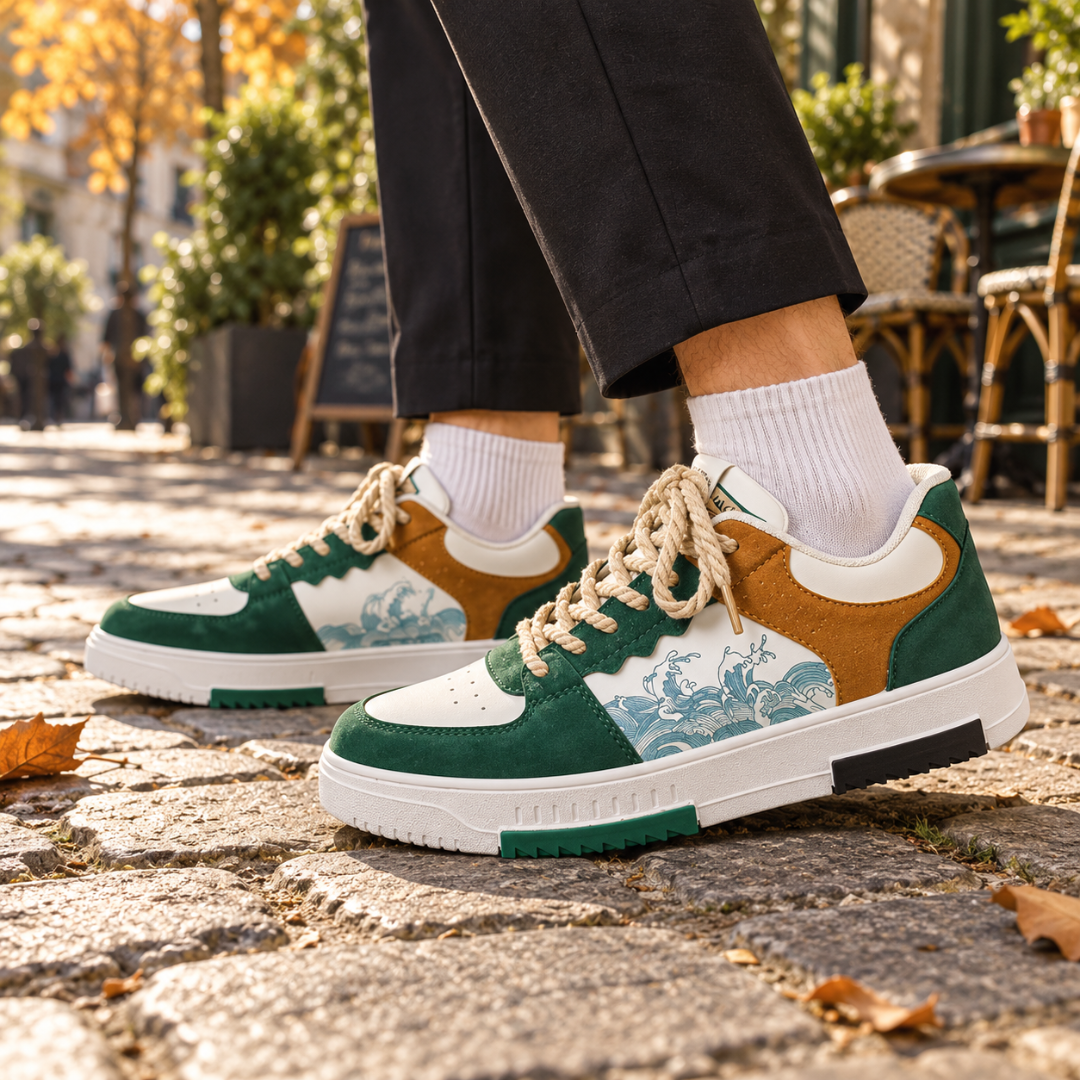 Sneakers uomo verdi con inserti cammello, stampa a onde e lacci intrecciati