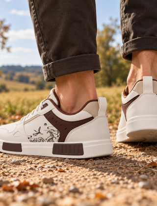 Sneakers uomo bianche con inserti marroni e stampa di gru sul fianco