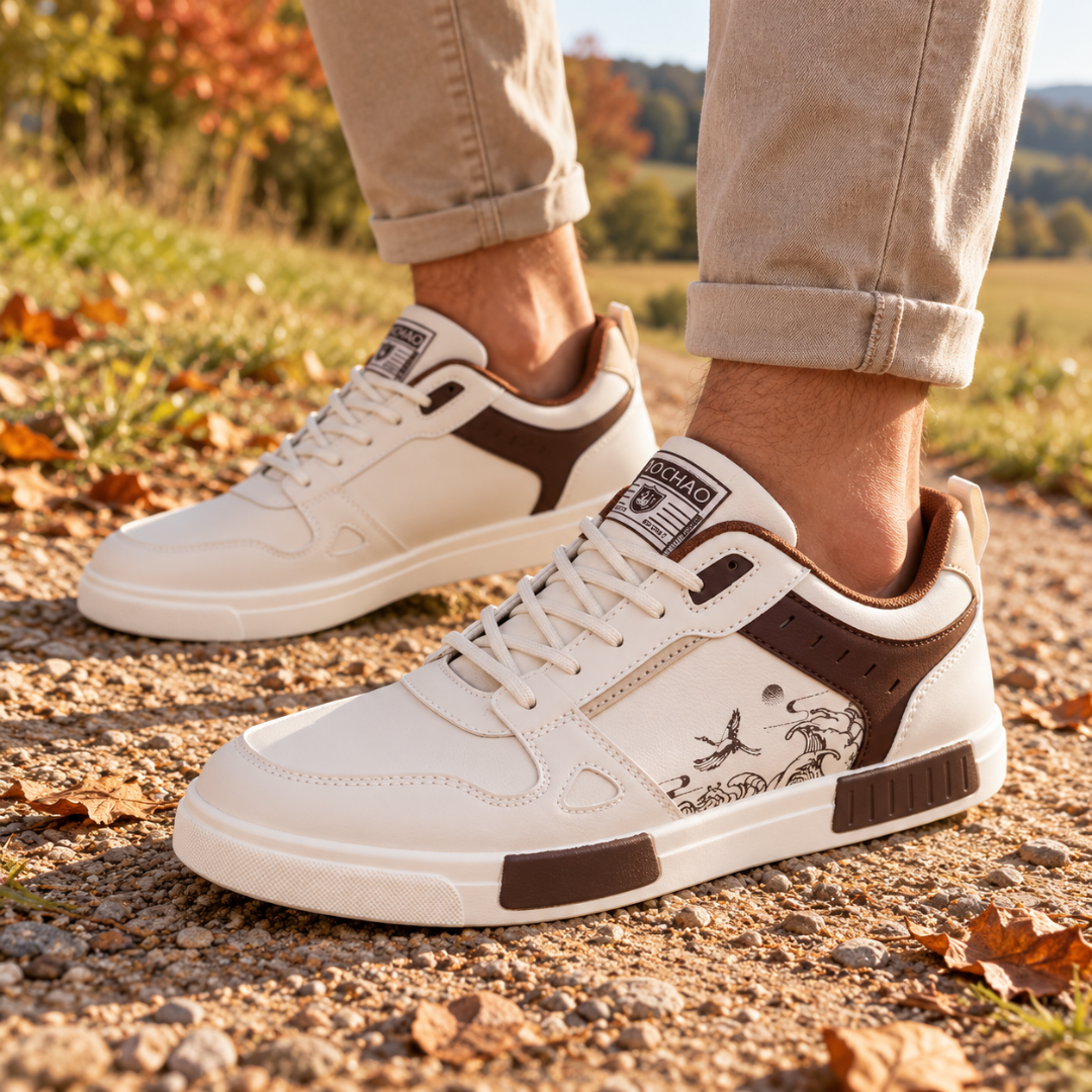 Sneakers basse bianche da uomo con lacci chiari e linguetta posteriore stampata