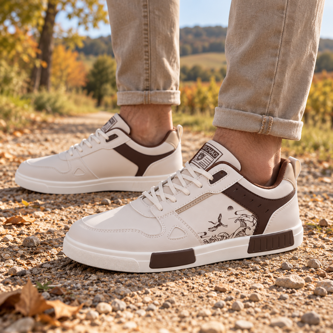 Sneakers uomo bianche con blocchi marroni in rilievo sulla suola, vista laterale