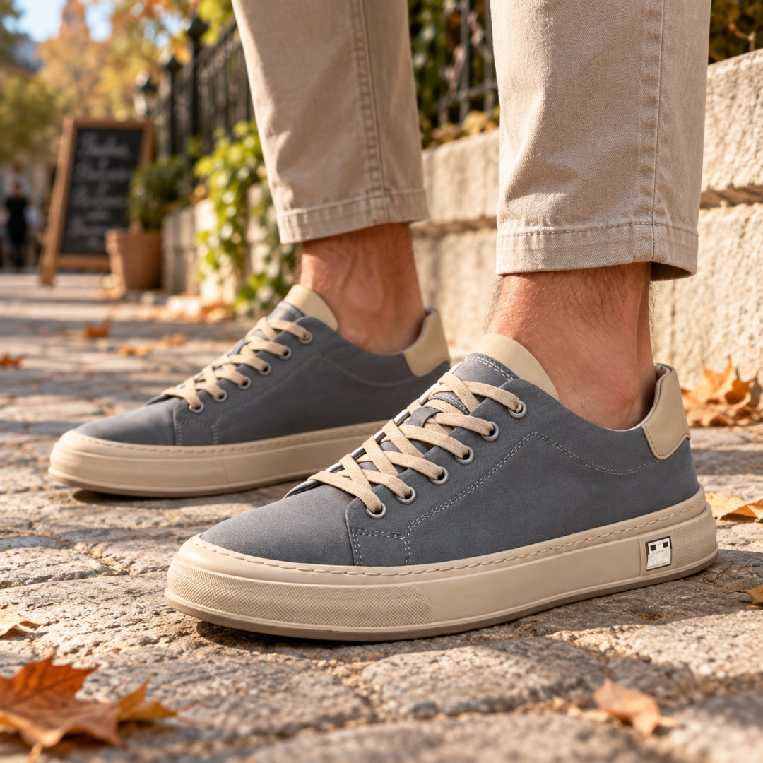 Sneakers uomo grigie con lacci chiari e suola a contrasto, indossate su pavimentazione in pietra
