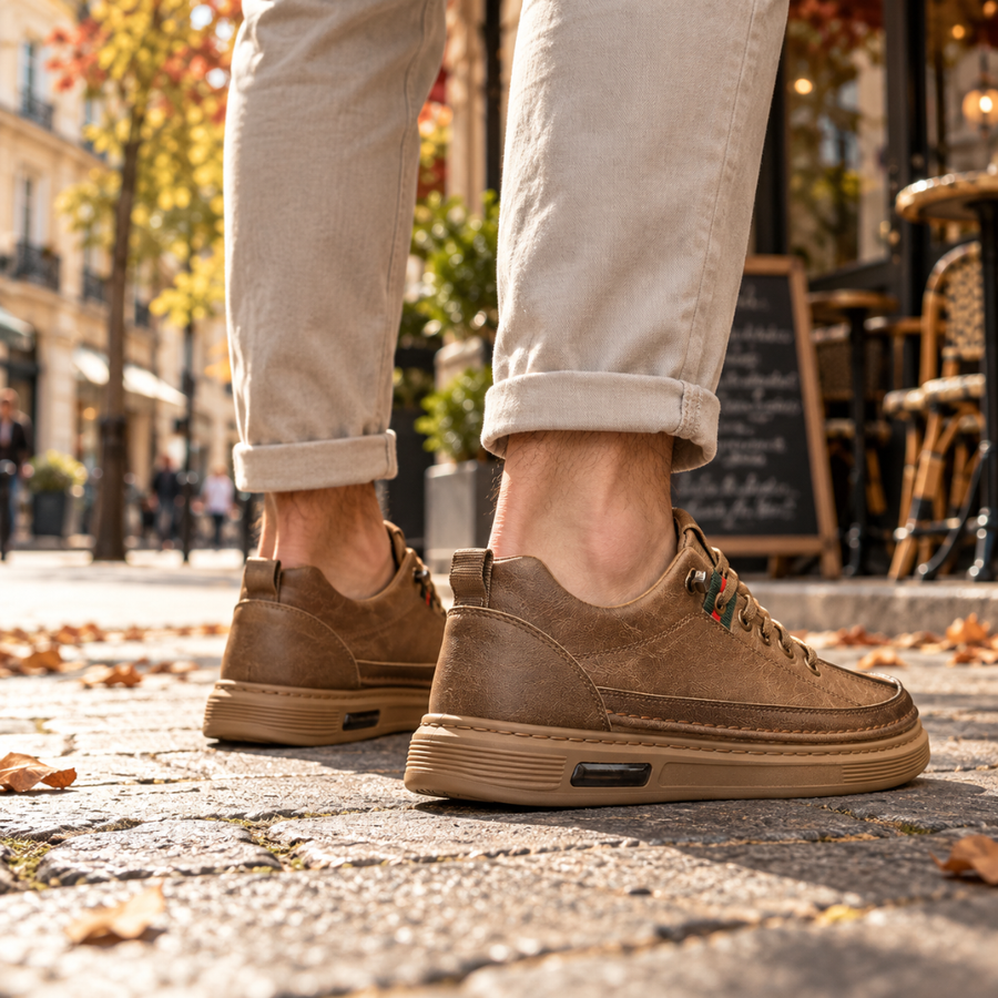 Sneakers marroni da uomo viste da dietro con linguetta posteriore e suola a contrasto