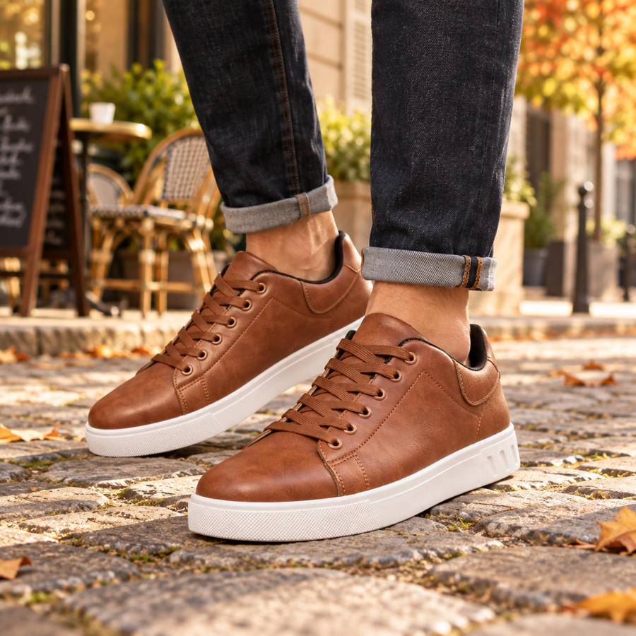 Sneakers uomo marroni con lacci e suola bianca indossate su pavimentazione in pietra