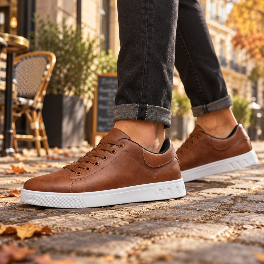 Sneakers basse marroni di profilo con cuciture a vista e suola bianca scanalata