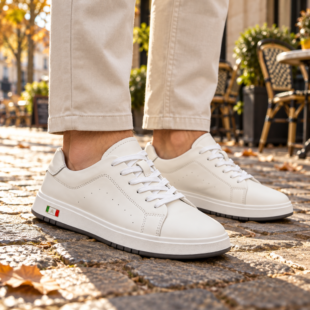 Sneakers uomo bianche viste di lato con fori decorativi e piccola bandiera sulla suola