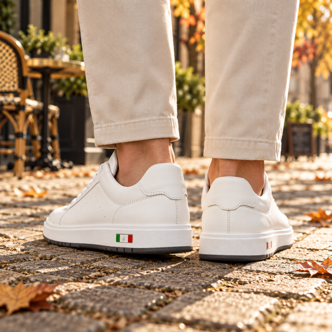 Retro delle sneakers uomo bianche con tallone rinforzato e battistrada scuro