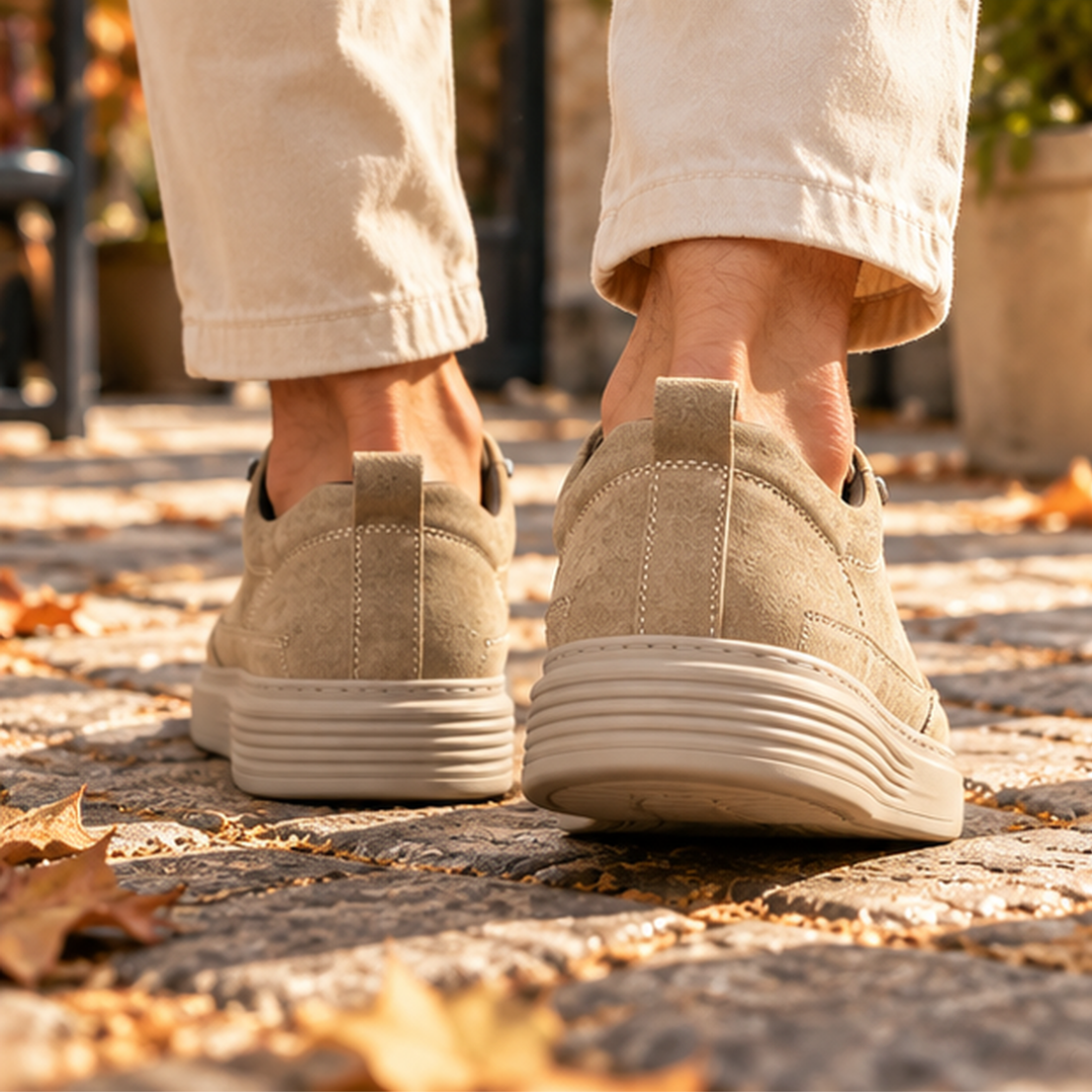 Retro delle sneakers uomo kaki con linguetta sul tallone e suola spessa