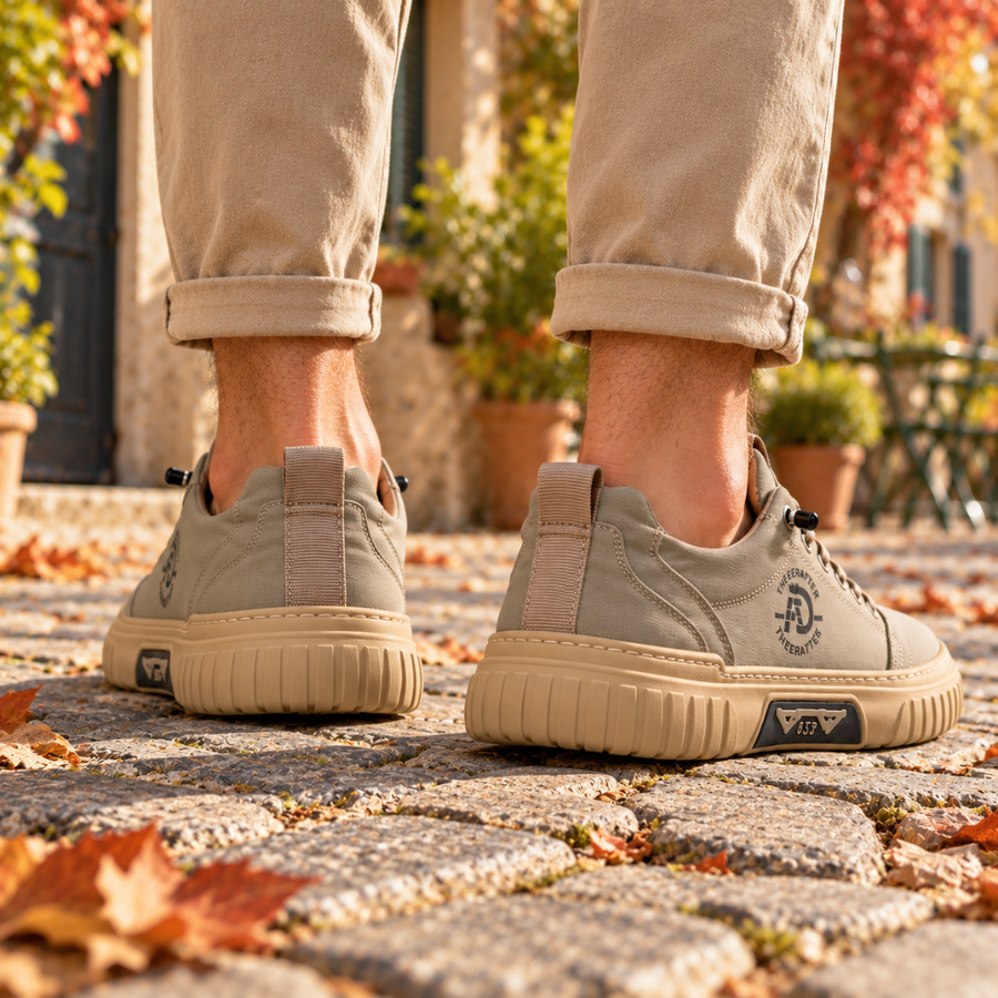 Vista posteriore delle sneakers uomo verde con linguetta in tessuto sul tallone