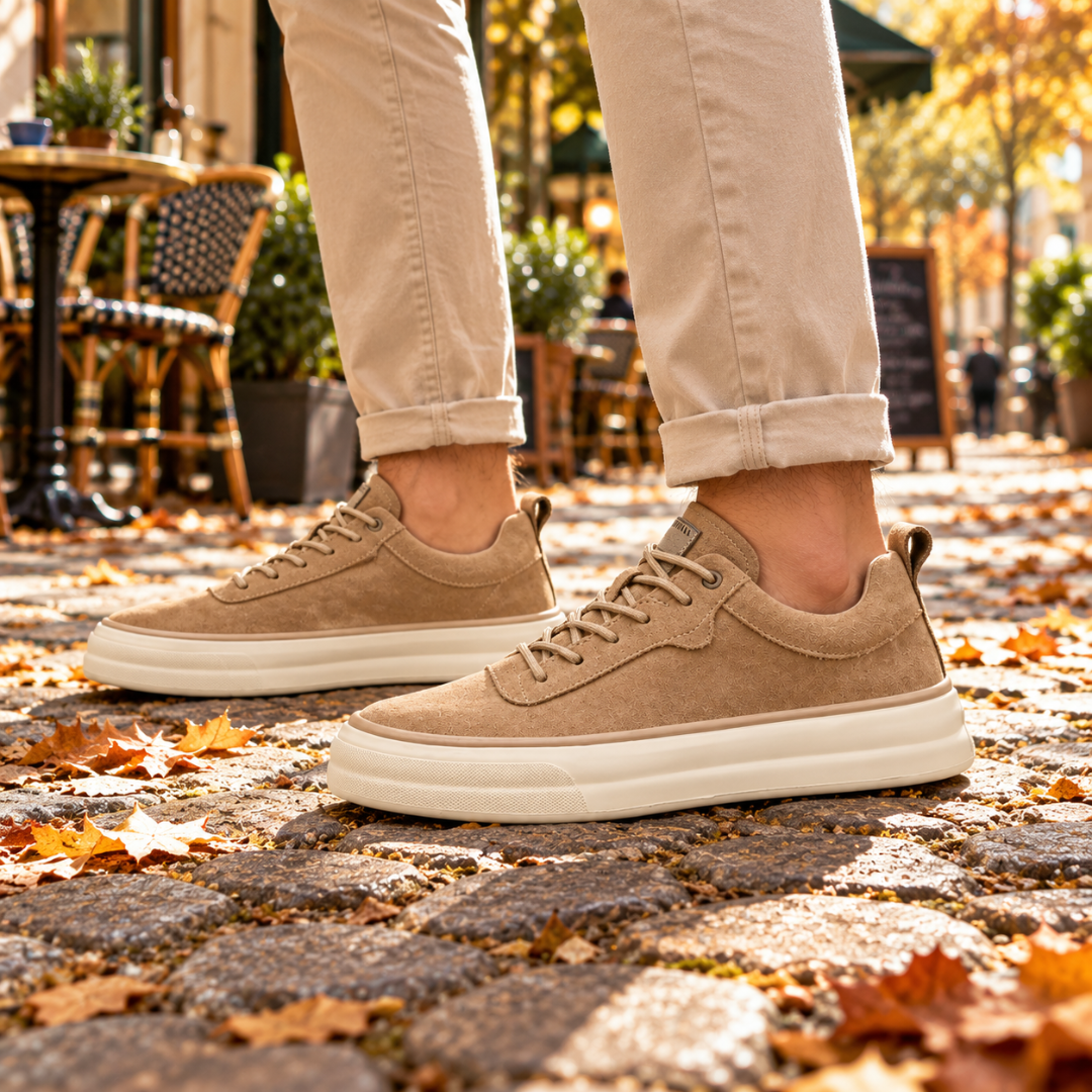 Sneakers basse beige viste di lato con suola spessa e linguetta posteriore
