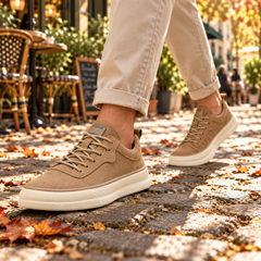 Sneakers uomo beige in movimento con etichetta applicata sul lato