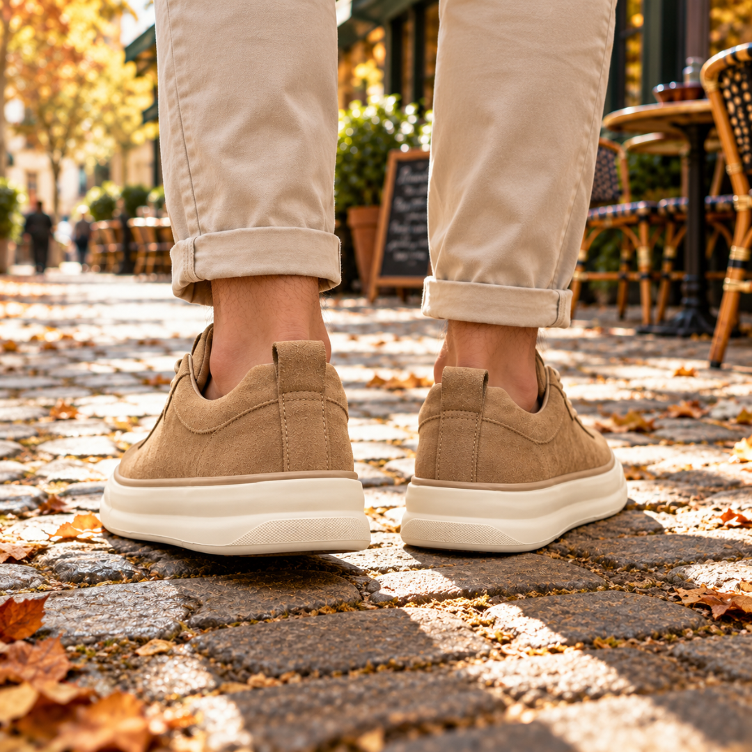 Retro delle sneakers beige con linguetta posteriore e suola crema