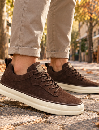Sneakers uomo marroni dall'aspetto opaco con lacci e suola spessa crema