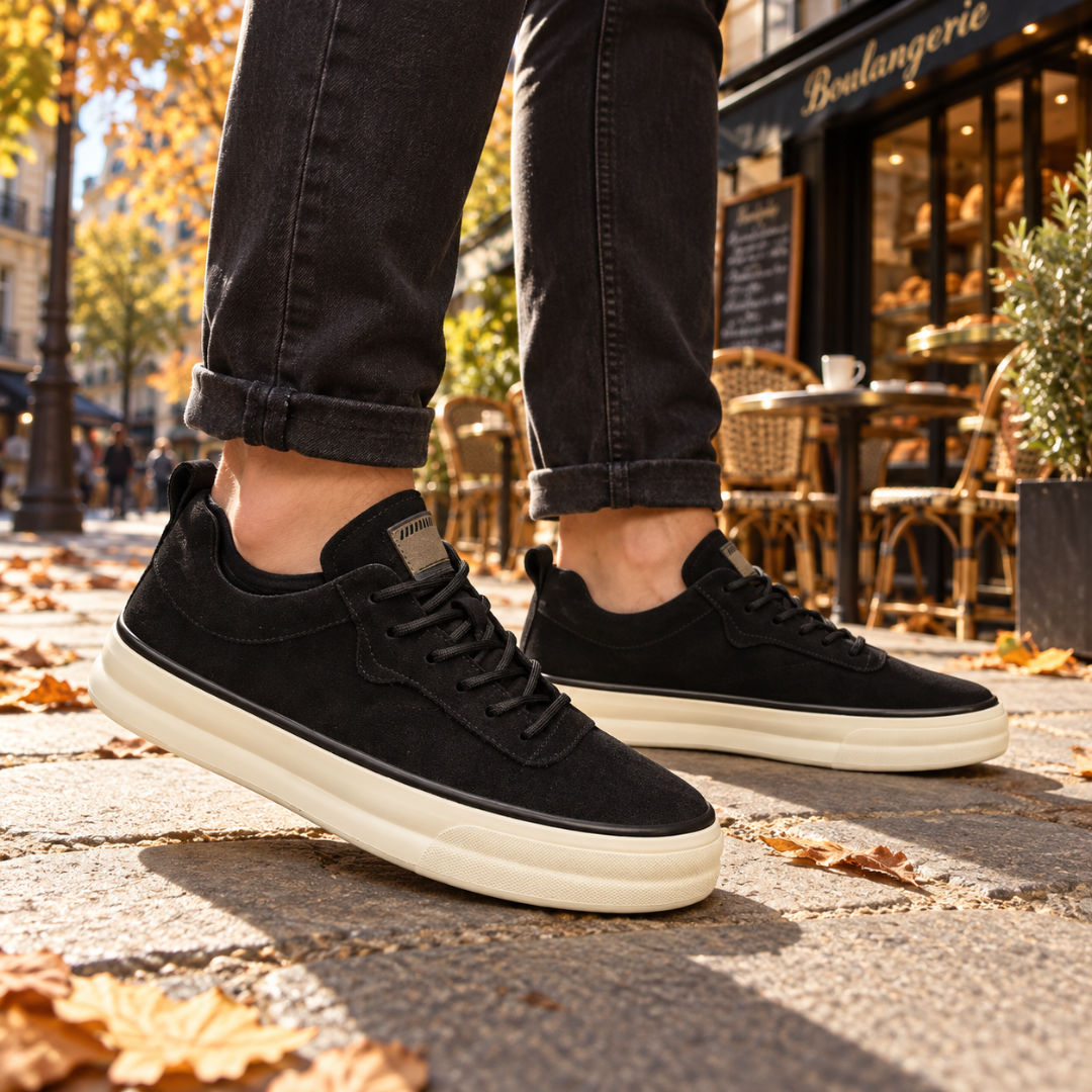 Sneakers uomo nere basse con lacci neri e suola spessa color crema