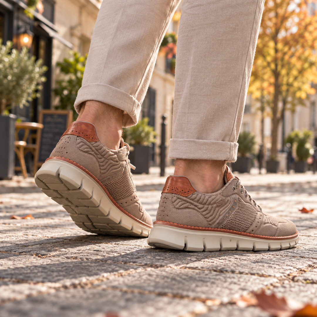 Sneakers uomo kaki viste di lato con suola spessa scanalata chiara