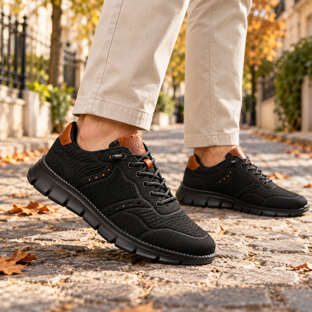 Sneakers uomo nere effetto maglia con pannello marrone al tallone e lacci
