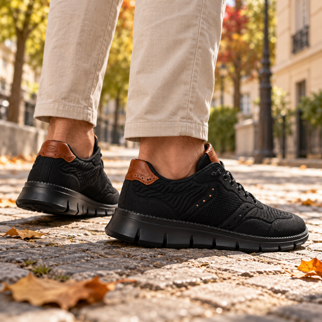 Sneakers uomo nere di tre quarti con suola spessa scanalata nera