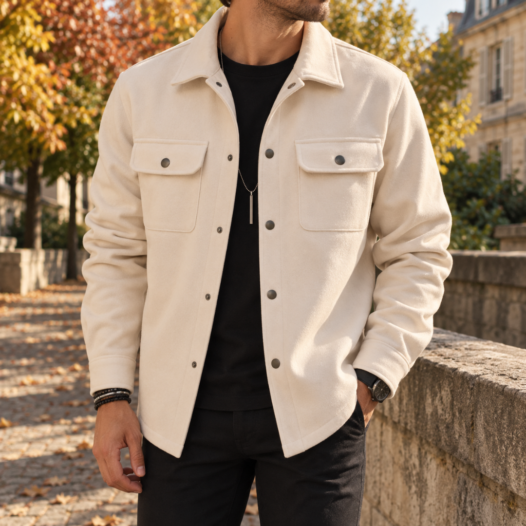 Sovracamicia uomo beige aperta su maglia nera, tasche sul petto con patta