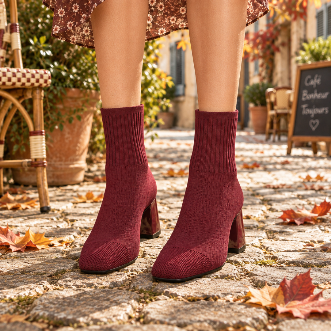 Stivaletti donna a calza bordeaux in maglia con bordo a coste e tacco largo