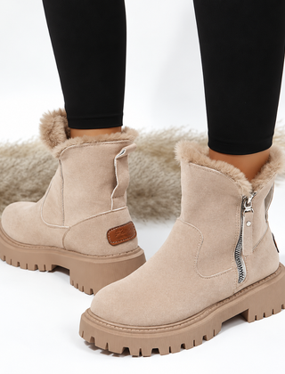 Stivaletti donna beige alla caviglia con zip laterale e bordo effetto pelliccia