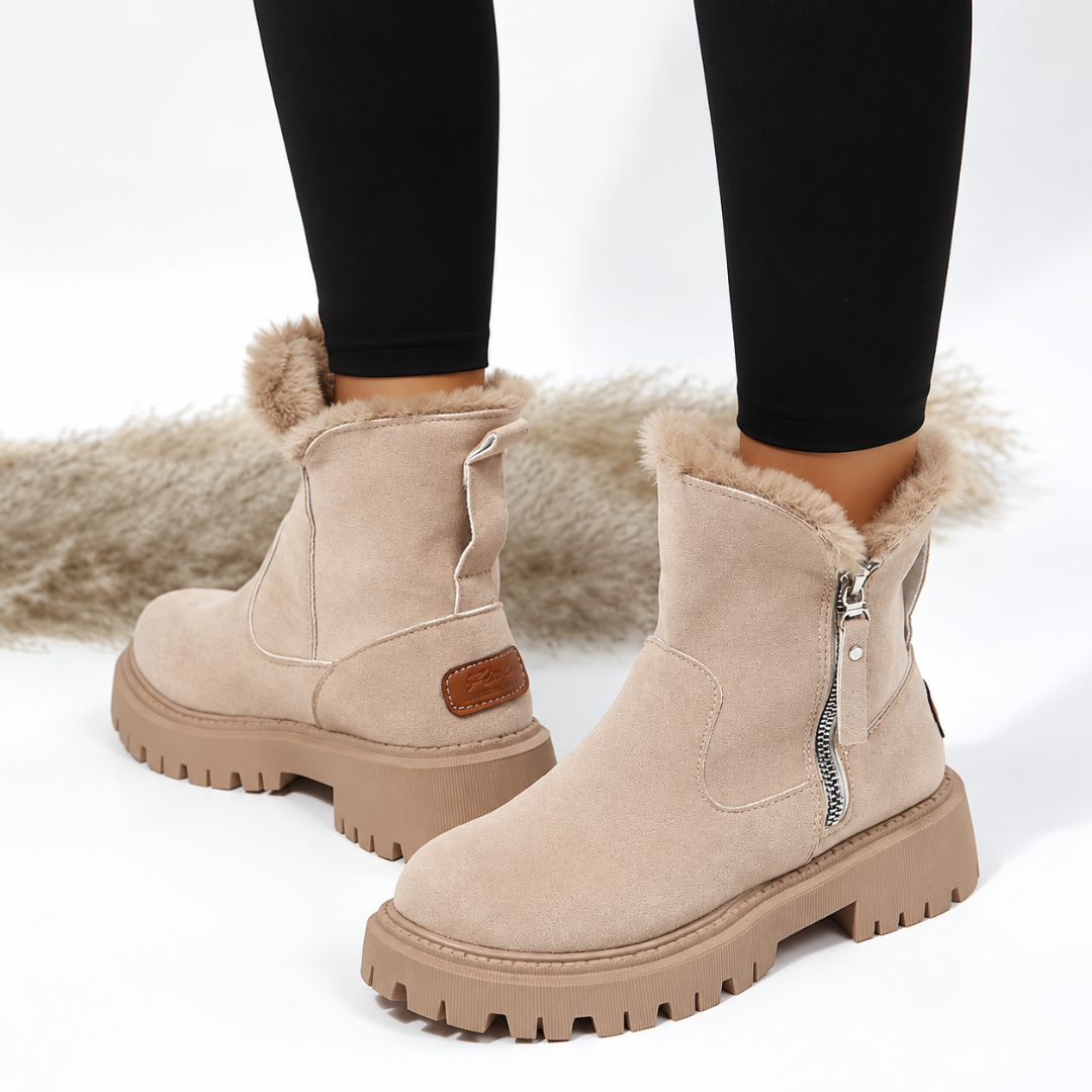 Stivaletti donna beige alla caviglia con zip laterale e bordo effetto pelliccia