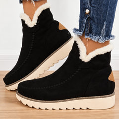 Stivaletti donna neri con risvolto effetto pelliccia chiaro e suola platform beige