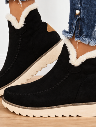 Stivaletti donna neri con risvolto effetto pelliccia chiaro e suola platform beige
