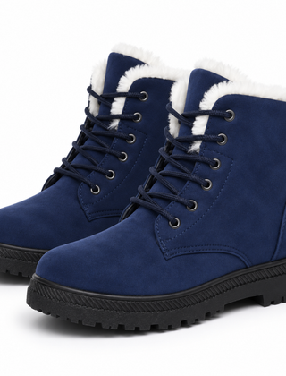 Stivaletti donna blu scuro stringati con bordo effetto pelliccia e punta tonda
