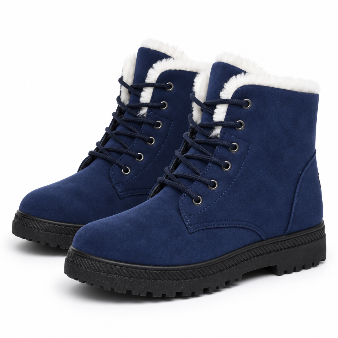 Stivaletti donna blu scuro stringati con bordo effetto pelliccia e punta tonda