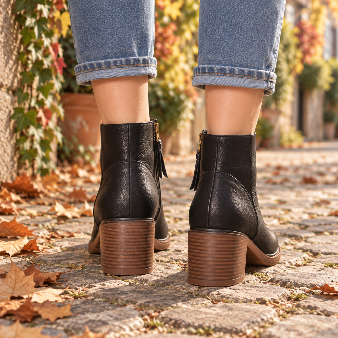 Retro degli stivaletti neri donna con tacco largo rivestito a righe