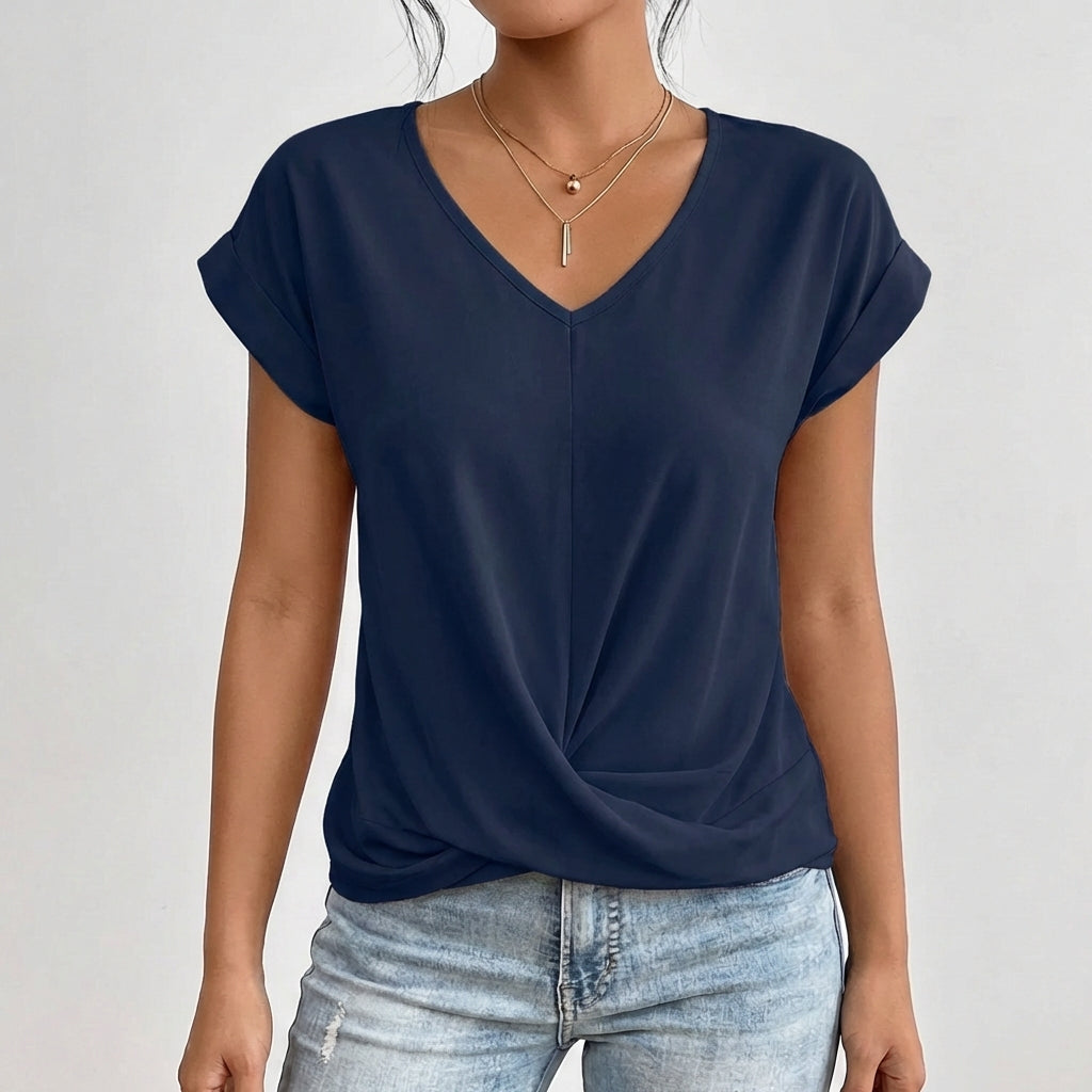 T-shirt blu navy con scollo a V, spalle scivolate e nodo drappeggiato sull'orlo