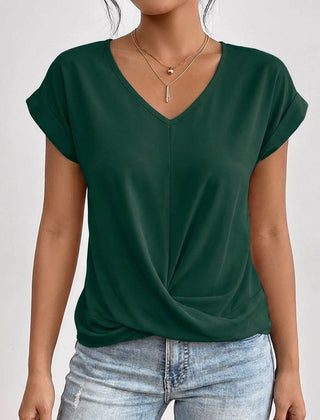 T-shirt verde scuro donna con scollo a V e nodo frontale, vestibilità morbida
