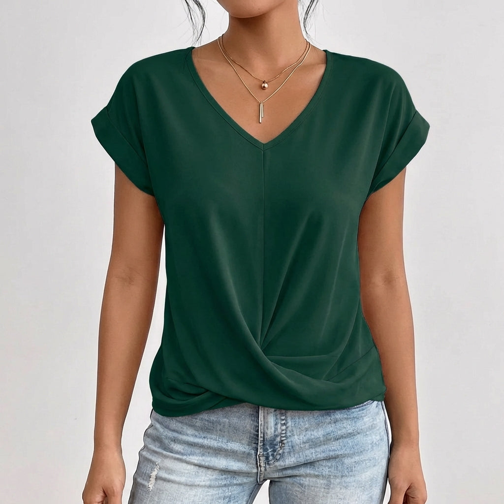 T-shirt verde scuro donna con scollo a V e nodo frontale, vestibilità morbida
